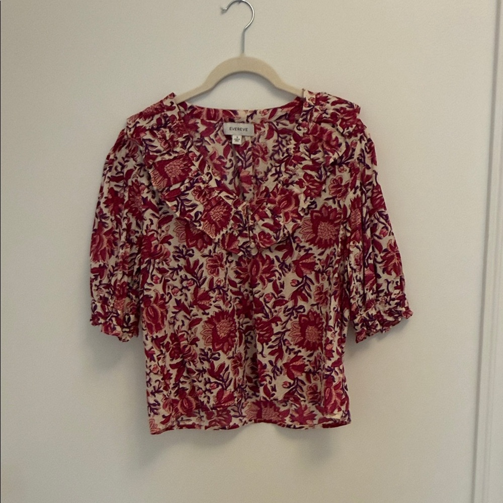 EVEREVE Floral Print Blouse | Pink & Purple Cotton Lyocell Top | Size S